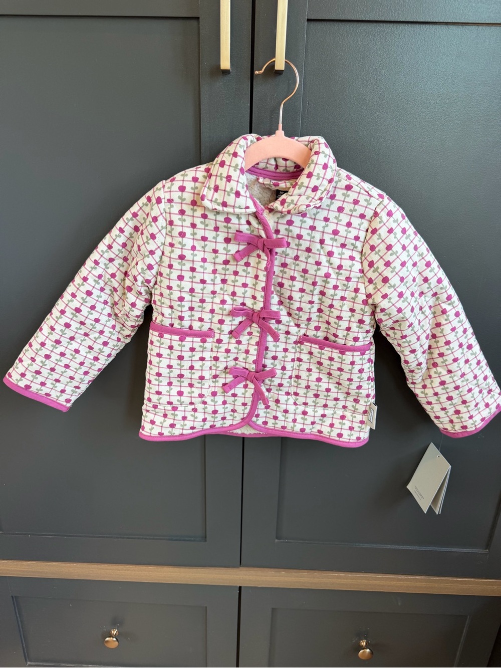 Hunter Girls' Pink Flower Patterned Quilted Jacket with Bow Snap Closures 3T